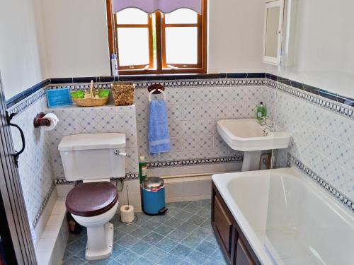 a bathroom with a toilet and a sink and a tub at Lake House Cottage in Finchingfield