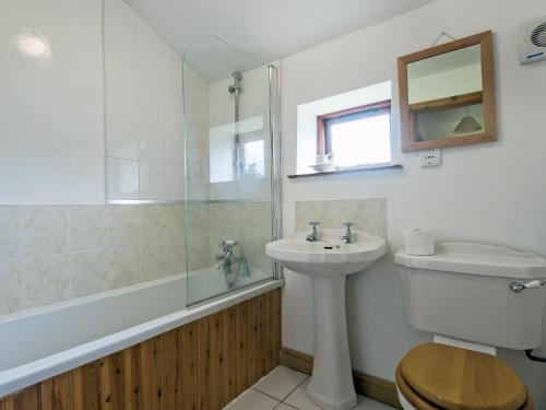 a bathroom with a sink and a toilet and a shower at Dipper Fold in Hebden