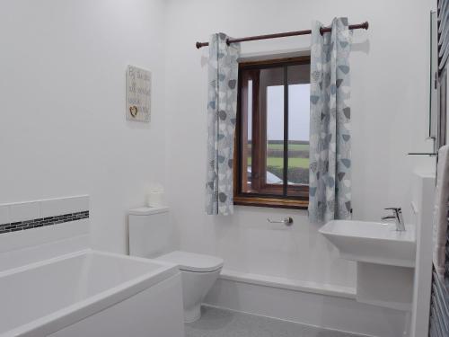 een witte badkamer met een wastafel, een toilet en een raam bij Maes Y Wawr in Trostre