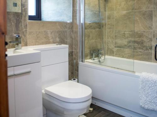 La salle de bains est pourvue de toilettes, d'une douche et d'un lavabo. dans l'établissement Curlew Cottage, à Great Blencow