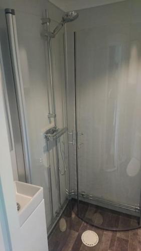 uma casa de banho com um chuveiro, um WC e um lavatório. em Nyrenoverad charmig gäststuga med sovloft i Järpen em Järpen