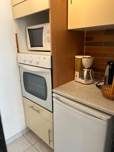 een keuken met een witte oven en een magnetron bij Appartement pour 4 personnes, Résidence les Mélèzes, Saint-Chaffrey in Saint-Chaffrey