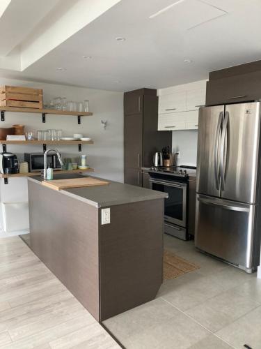 uma cozinha com um frigorífico de aço inoxidável e armários em Le Haven in MSA em Beaupré