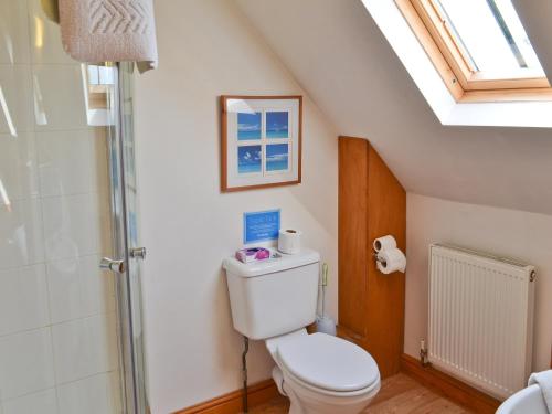 a bathroom with a toilet and a shower at The Stables in Somersal Herbert