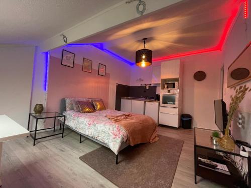 ラ・ギャルドにあるLa garde Studio atypique Le Rocher, climatisation, belle décorationのベッドルーム1室(紫色の照明付きのベッド1台付)