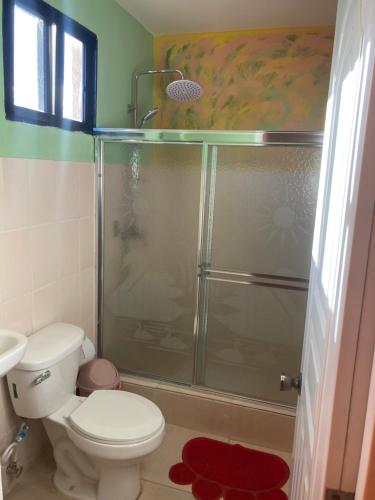uma casa de banho com um chuveiro, um WC e um lavatório. em Villa KIKI Ensenada em Punta Rucia