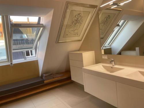 ein Bad mit einem Waschbecken, einem Spiegel und einem Fenster in der Unterkunft Rooftop Terrace- Panoramablick über Wien in Wien