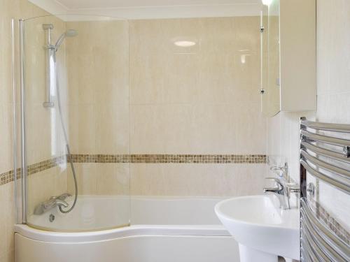 a bathroom with a shower and a sink at No 2 Pegraig Draw - Uk6435 in Llanychaiarn