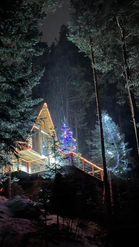 a christmas tree on the side of a house at Hut In Hatsvali in Mestia