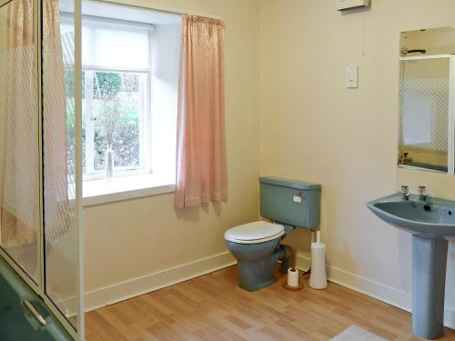 a bathroom with a toilet and a sink and a window at The Mews in Insch