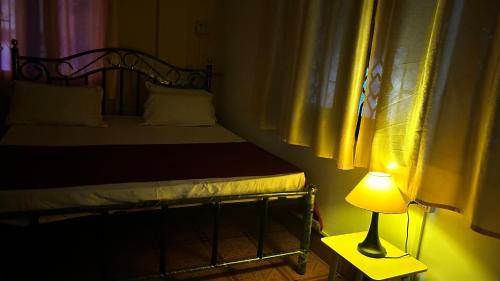 a bedroom with a bed with a lamp on a table at Muffys Guest House in Arpora