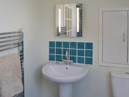 a bathroom with a sink and a mirror and a toilet at The Coach House - Or4 in Henfynyw Upper