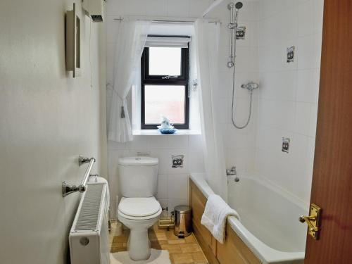 a bathroom with a toilet and a tub and a window at Greystones Cottage in Hardraw