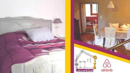 2 fotos de una cama y una sala de estar en Gîte de Laurelie, en Andryes