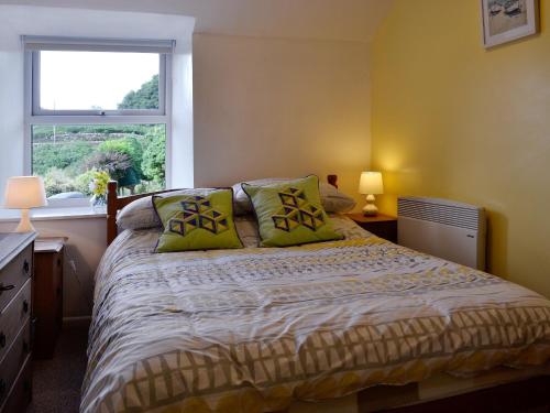 Un dormitorio con una cama con paredes amarillas y una ventana en Capel Fawnog Bach, en Talsarnau