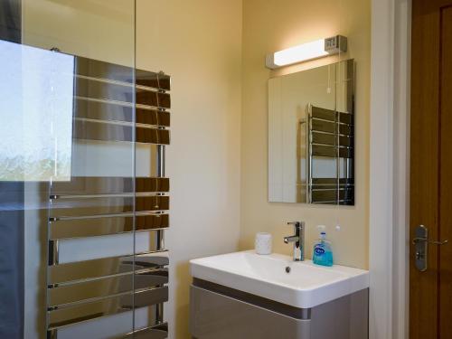 a bathroom with a sink and a glass shower at Roath in Cilcennin