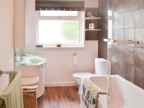 a bathroom with a toilet and a sink and a tub at Sandringham Heights in Paignton