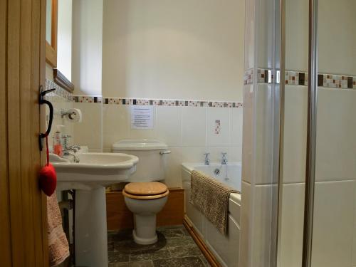 uma casa de banho com um lavatório, um WC e uma banheira em Bwthyn Clyd em Llangollen