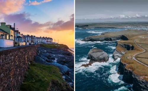 two pictures of the ocean and a beach with houses at Baywatch, Shannon River View in Kilkee