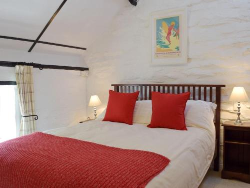 a bedroom with a large bed with red pillows at Y Teras in Rosebush