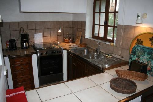 a kitchen with a sink and a stove at Le gite panda saint-maymes in Trigance