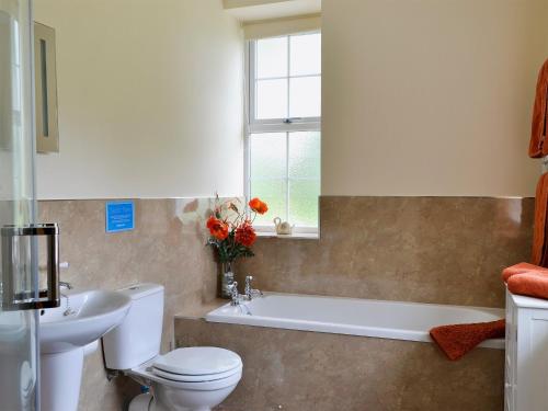 a bathroom with a toilet and a tub and a sink at Laundry Cottage in Achlain