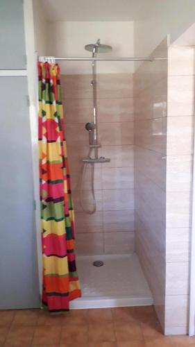 La salle de bains est pourvue d'une douche avec un rideau de douche coloré. dans l'établissement Gite au calme la mignonne, à Grimaud