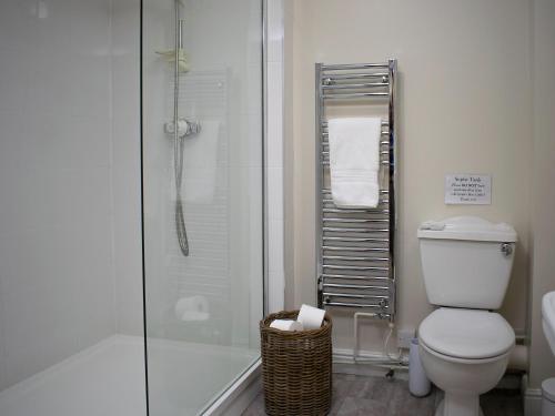 uma casa de banho com um WC e uma cabina de duche em vidro. em Whitehouse Farm em Hartington