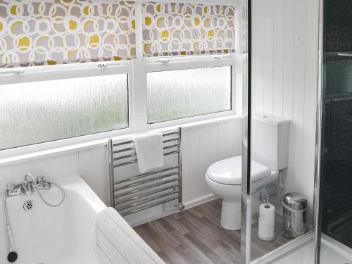 a bathroom with a toilet and a tub and a sink at Polmeor in Polzeath