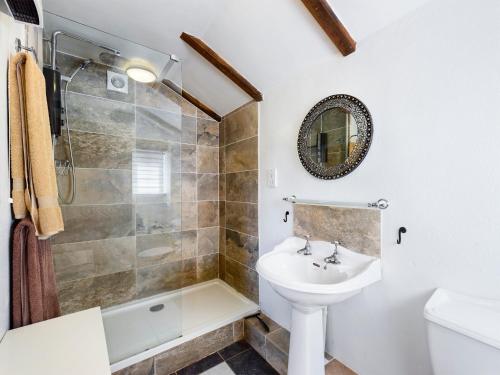a bathroom with a sink and a toilet and a shower at The Old Coach House in Iddesleigh