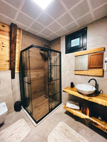 a bathroom with a glass shower and a sink at DELLA SUİT BUNGALOW in Çamlıhemşin