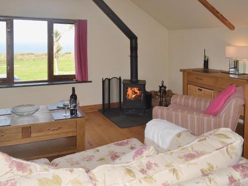 a living room with a couch and a wood stove at Stanhope Cottage in Lower Boscaswell