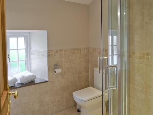 a bathroom with a toilet and a glass shower at Plover Cottage in Sharperton