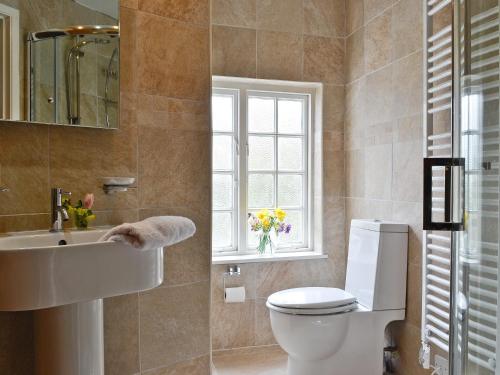 baño con aseo y lavabo y ventana en The Thatch Cottage en South Petherwin