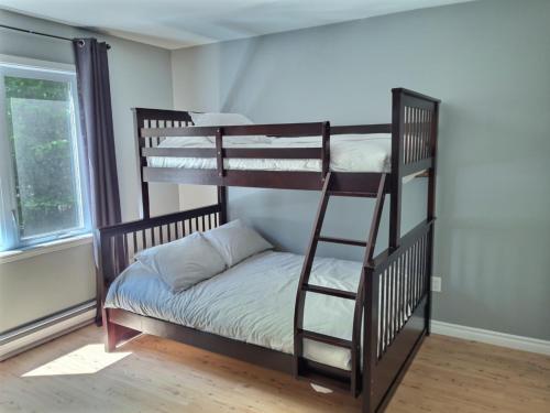a bedroom with two bunk beds and a ladder at Chalet chez Antoine in Saint-Donat-de-Montcalm