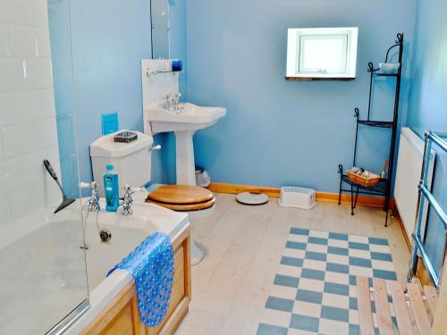 a blue bathroom with a toilet and a sink at West Barn in Chesterfield