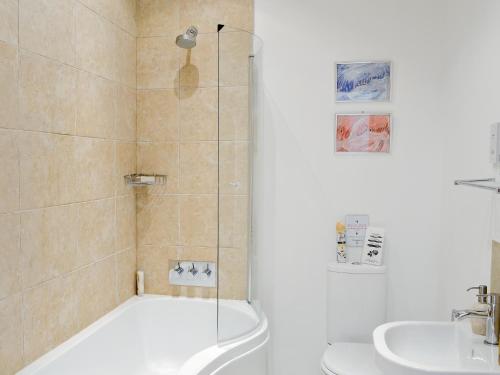 een badkamer met een douche, een toilet en een wastafel bij The Old Granary in Ballindalloch