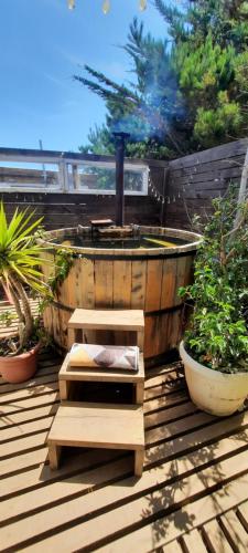a wooden deck with a grill and some plants at Palmar Matanzas in Boca Pupuya