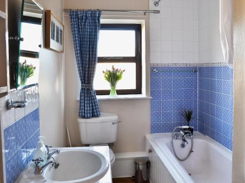 a bathroom with a sink and a toilet and a window at Park View Cottage in Old Glossop