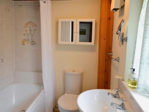 a bathroom with a toilet and a tub and a sink at Watercolour Cottage in Lerryn