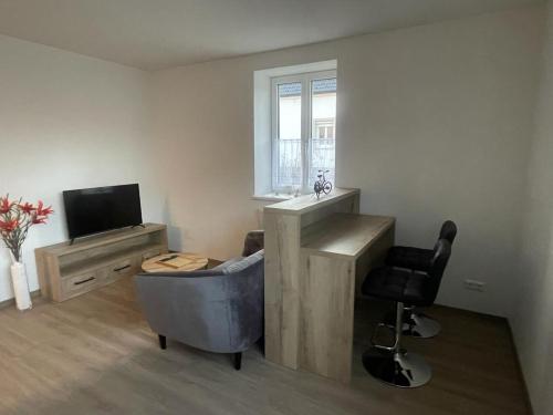 een kamer met een bad, een stoel en een televisie bij Apartment Viktoria in Horn