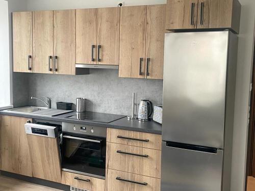 eine Küche mit einem Kühlschrank aus Edelstahl und Holzschränken in der Unterkunft Apartment Viktoria in Horn