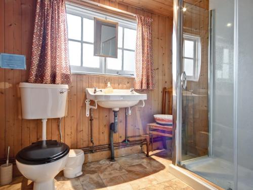 Bargrennan的住宿－佳麗斯木屋別墅，浴室配有卫生间、盥洗盆和淋浴。