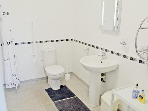Mount HawkeにあるSwallowsの白いバスルーム(トイレ、シンク付)