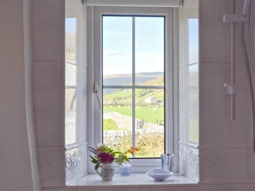 a window with a view of a green field at Lilac Cottage in Muker