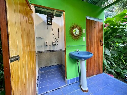 a bathroom with a blue sink and a green wall at The Chorotega Arte y Sol Hotel in Montezuma
