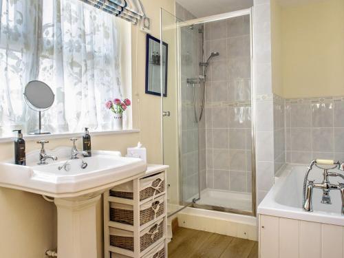 La salle de bains est pourvue d'un lavabo et d'une douche. dans l'établissement Blackberry Cottage, à North Hill