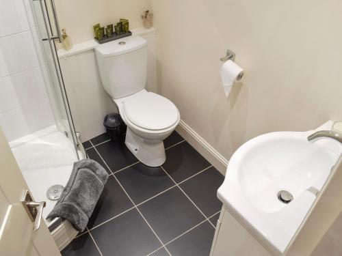 a bathroom with a white toilet and a sink at Nether Cottage in Saline