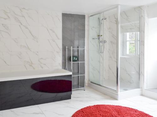 a bathroom with a shower and a red rug at The Griffin in Broughton in Furness