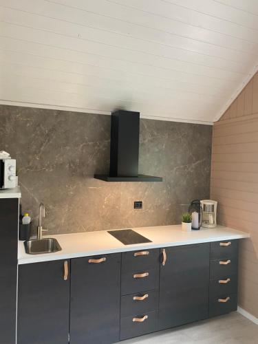 a kitchen with a sink and a counter top at Nygård Camping in Hjelle
